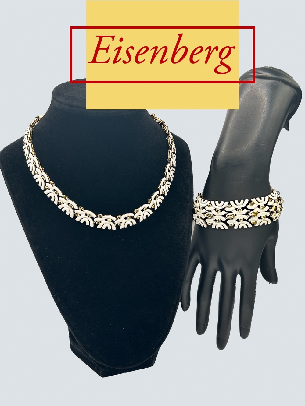 Vintage Eisenberg White Enamel and Gold Tone Necklace and Bracelet Set, Signed E